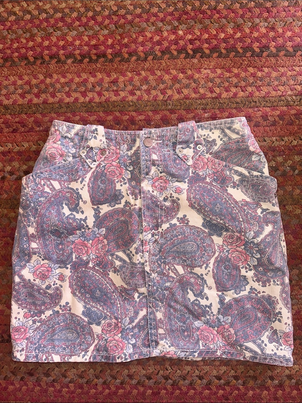VTG Floral Paisley Print Mini Skirt - Pink & Blue